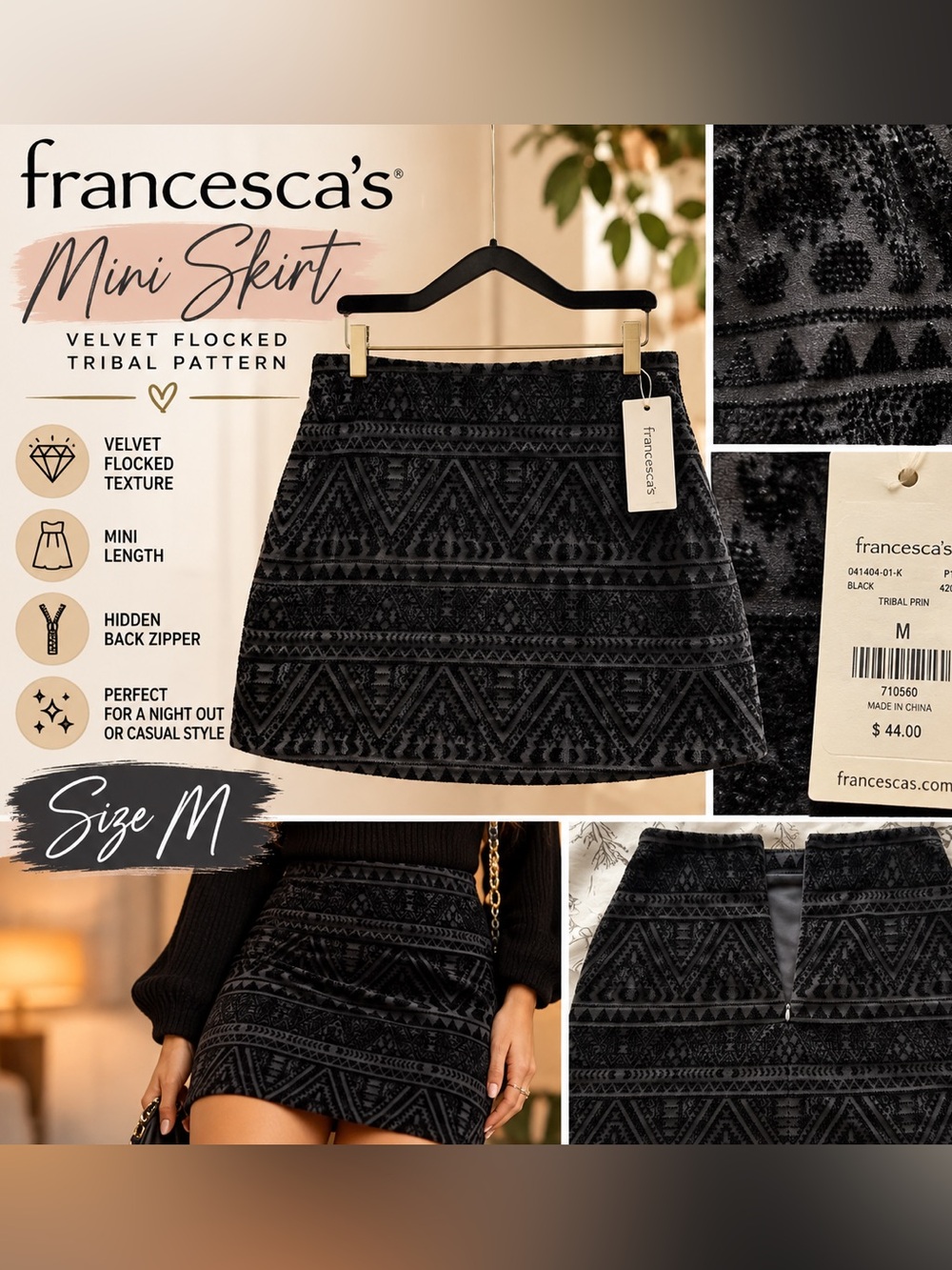 Francesca's Collections Black Velvet Flocked Geometric Mini Skirt